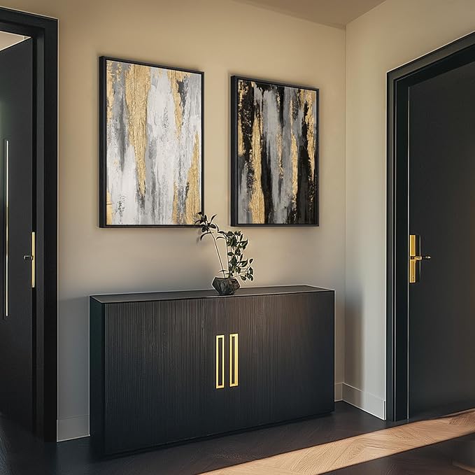 Framed Modern Abstract Wall Art Set of 2, Canvas Prints Paintings Artwork for Walls, Black White Grey Gold Pictures Wall Decor for Living Room, Dining Room, Bedroom, and Office 16x24 In