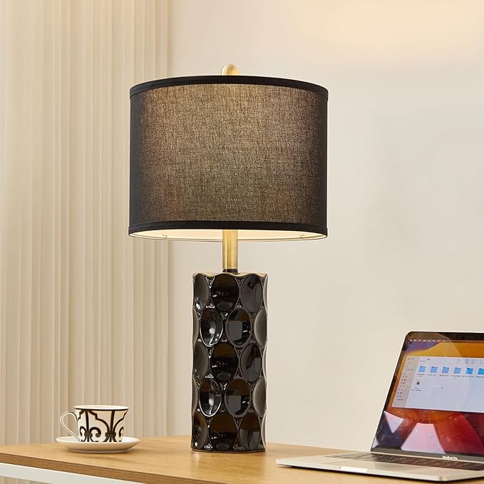 24" Modern Ceramic Table Lamp Set of 2 Bedroom Lamps, 3 Color Dimmable Bedside Lamps for Living Room Farmhouse Nightstand Lamp(Rotary-Black)