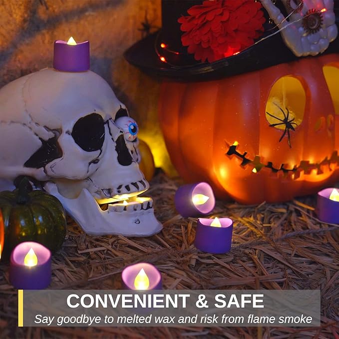 Homemory Purple Tea Lights Candles Battery Operated, 200+Hour Flameless Flickering Fake Electric LED Colored Tealights Candles for Party, Wedding, Halloween, Mardi Gras, Holiday Decor, 24-Pack