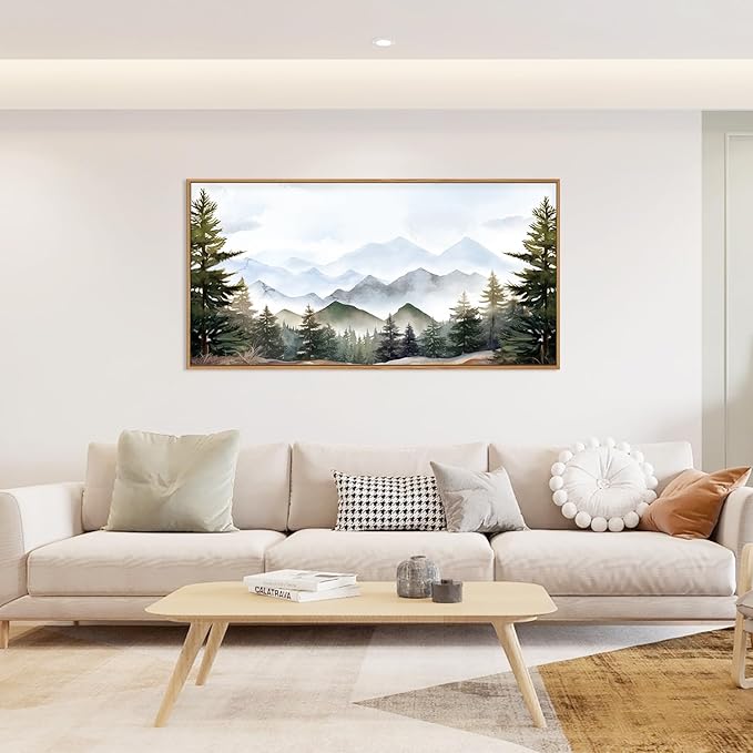 KAIRNE Framed Mountain Canvas Wall Art Set, Misty Forest Wall Decor, Green Pine Tree Wall Painting, Nature Widerness Landscape Art Print for Living Room, Bedroom, Study, Gallery - Large Size 20"x40"