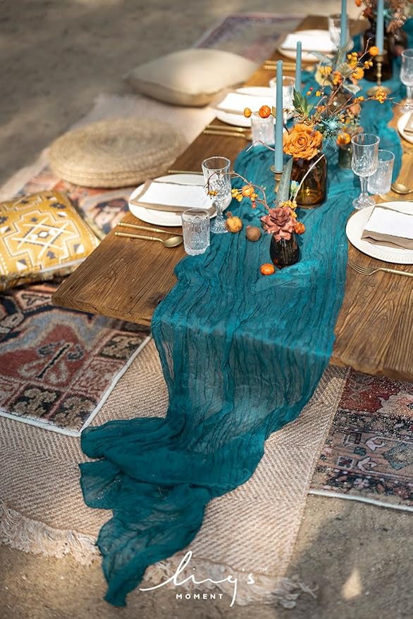 Ling's Moment 14Ft Gauze Teal Blue Table Runner Cheesecloth Tablecloth for Wedding Party Bridal Shower Boho Table Decor, Semi-Sheer
