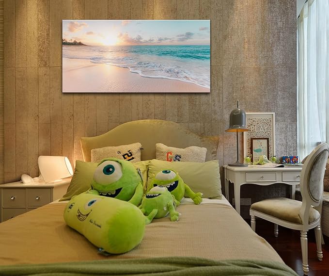 OKEXCKK Beach Canvas Wall Art - Sunset Ocean Picture Green Nature Seascape Painting Print for Kitchen, Bedroom, Living Room Decoration, Large Coastal Artwork Poster for Wall Decor 20"x40"