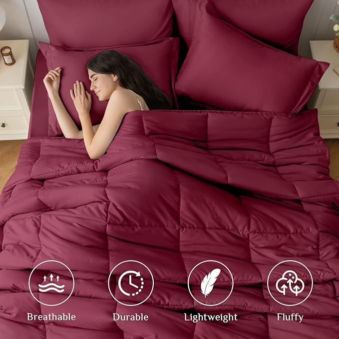 JOLLYVOGUE California King Comforter Set, Ultra-Soft Bed in a Bag Cal King Size 7 Pieces, Oeko-TEX Certified Bedding Set with Down Alternative Comforter, Sheets, Pillowcases & Shams, Burgundy
