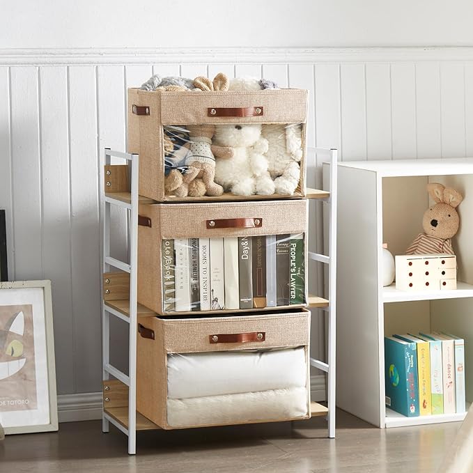 Extra Large Storage Baskets with Clear Window, See Through Closet Organizer with PU Handles, Linen Foldable Storage Bins for Organizing Clothes, Toys, Books (Khaki)
