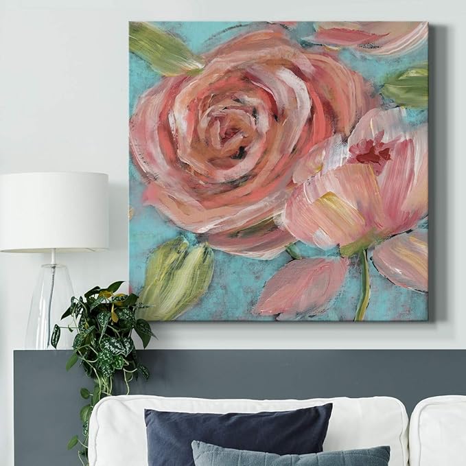 Wexford Home Square Premium Gallery Wrapped Canvas Flower Multicolor Wall Art Abstract Floral Romance Modern Pictures Print for Home Office, Ready to Hang, blushing coral beauties, 24x24