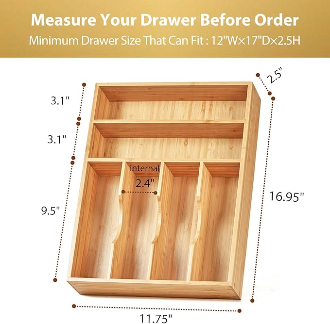 Umilife Kitchen Drawer Organizer, 12 Inch Silverware Utensil Tray Holder, Extra Deep, with Non-Slip Feet & Grooved Drawer Divider, 6 Slots Total Bamboo Wood Caddy for Flatware Cutlery Knives