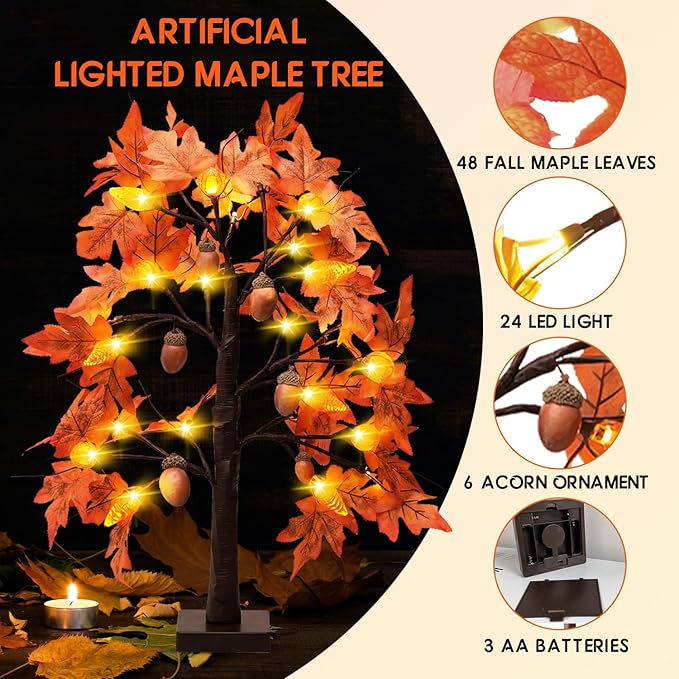 Fall Maple Leaf Table Lighted Tree - Thanksgiving Decorations 1 Pack Home Decor with 24 LED Lights for Indoor Outdoor Room Decoration Artificial Harvest Autumn Trees Battery Operated for Home Party