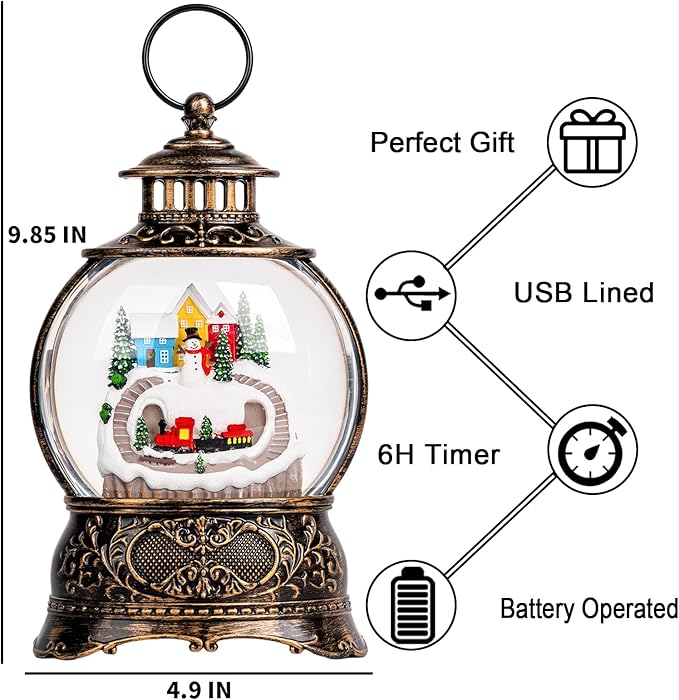 Christmas Village Snow Globe Lantern – LED Musical Swirling Glitter Water Globe, Snowy Village with Train, Battery or USB Powered, Auto Timer – Tabletop Decor & Gift