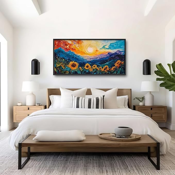 Starry Night Sunflowers Framed Wall Art for Living Room, Large Flowers Canvas Wall Decor, Vintage Florals Pictures Painting, Modern Artwork for Bathroom Bedroom 60L'' × 30W''