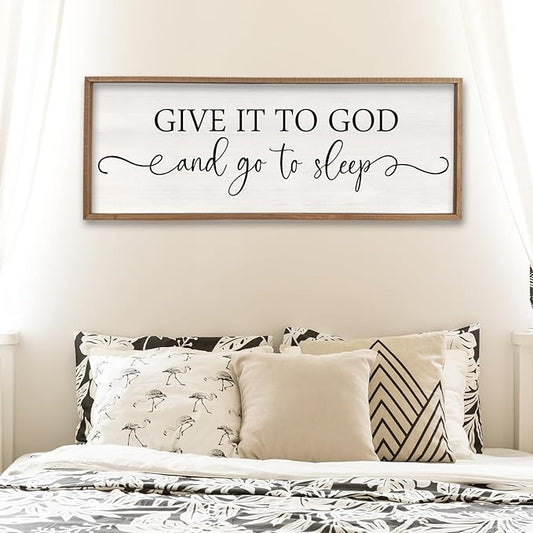 Surfapans Give It To God And Go To Sleep Sign Wall Decor Above Bed 40"x15" Master Bedroom Guest Room Over Bed Wood Rustic Framed Wall Art (Wood)