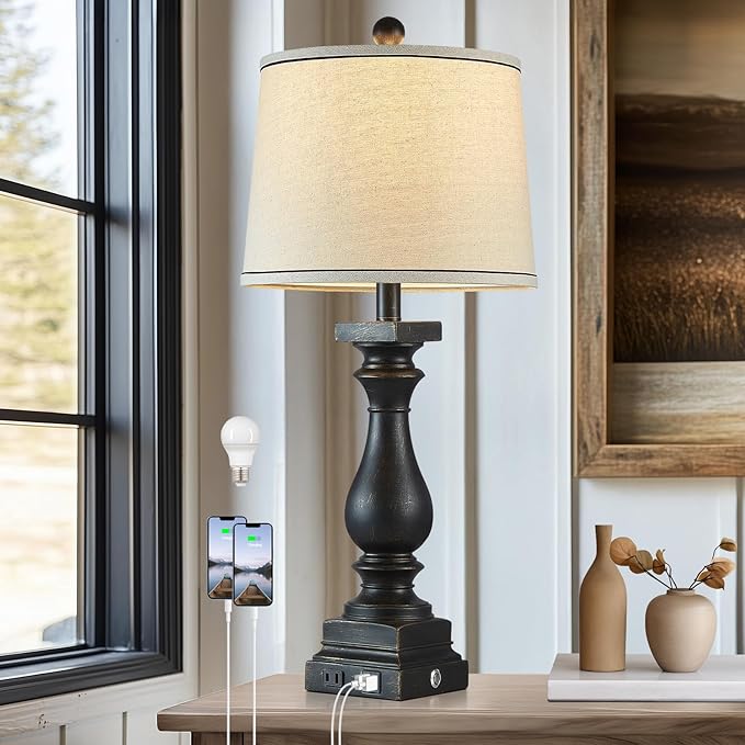 28" Tall Farmhouse Table Lamps with USB C+A Ports and AC Outlet, 3 Way Touch Control Rustic Bedside Lamps for Bedroom, Black Vintage Nightstand Lamps for Living Room Office