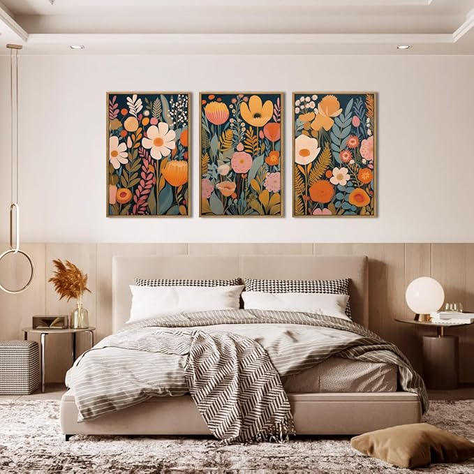 IARTTOP Large Floral Framed Canvas Wall Art 16x24 Inch Orange Abstract Blossom Flowers Wall Decor Set of 3 Mid-century Modern Boho Botanical Art Prints for Living Room Bedroom Office