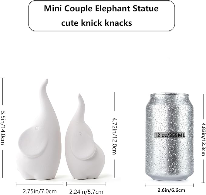 Ceramic Elephant Figurines with Trunk Up, Pair Couples Loving Elephant Statue, Small Figurines Sculpture African Home Decor, Valentine Elephants Gifts for Women, Wedding Knick Knacks（White）