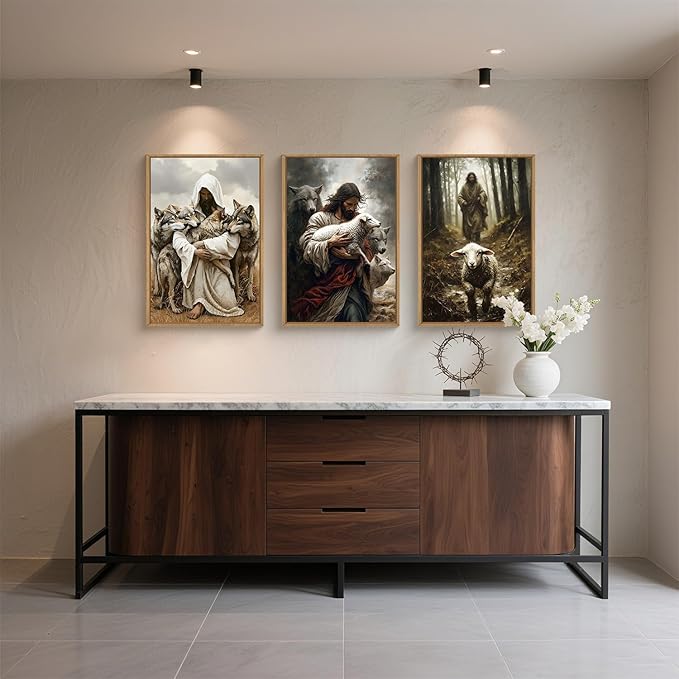 KAIRNE Jesus Christian Wall Art Set of 3, Religious Canvas Prints with Lamb & Wolf, Vintage Bible Verse Decor, The Good Shepherd Artwork for Living Room, Bedoom - 16x24 Inches