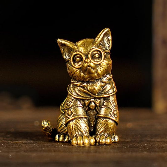 CHOVY Retro Handcrafted Scholarly Cat Ornament - 100% Solid Brass Desk Decor Intellectual Kitten Sculpture with Doctoral Glasses Vintage Style Collectible Art Piece Unique Gift for Cat Lovers