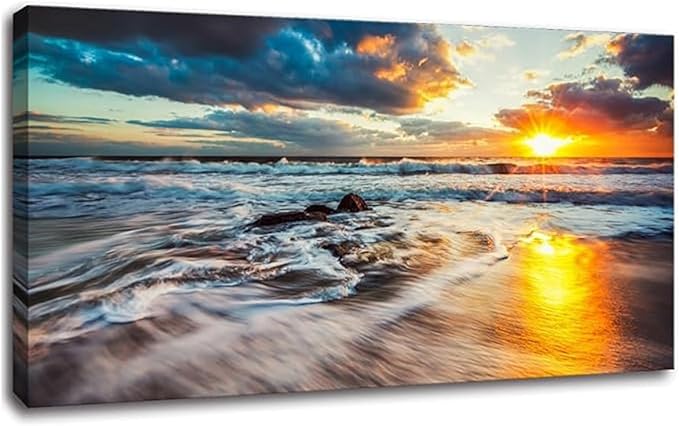 Yxbhhym-Large Ocean Wall Art for Living Room Canvas Beach Painting Sunrise Print Art Sunset Seascape Wall Pictures Yellow Sea Waves Poster Decoration Office Kitchen Wall Décor Bedroom Accessories