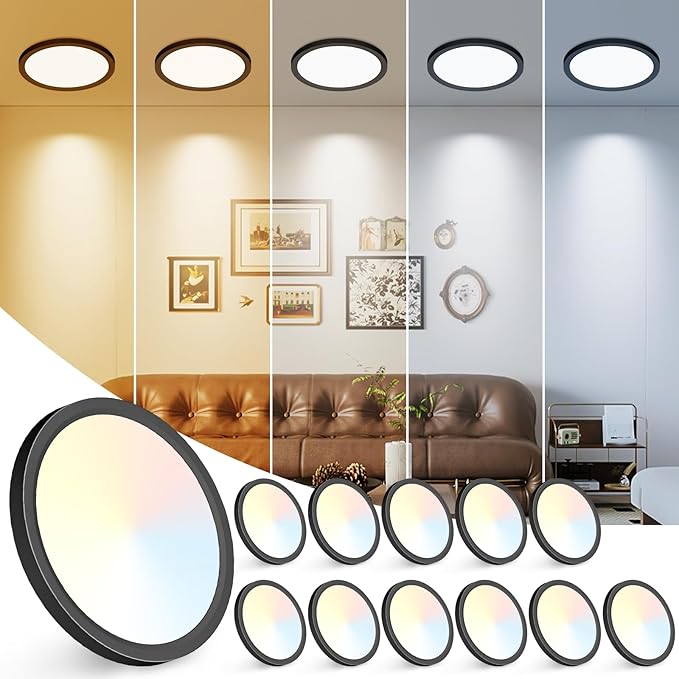 Peasur 7 inch LED Ceiling Light, 3000K/3500K/4000K/5000K/6500K Adjustable Flush Mount Light Fixture, 1500LM 15W Thin Black Round Lamp for Hallway Kitchen Bathroom Bedroom, 12Pack