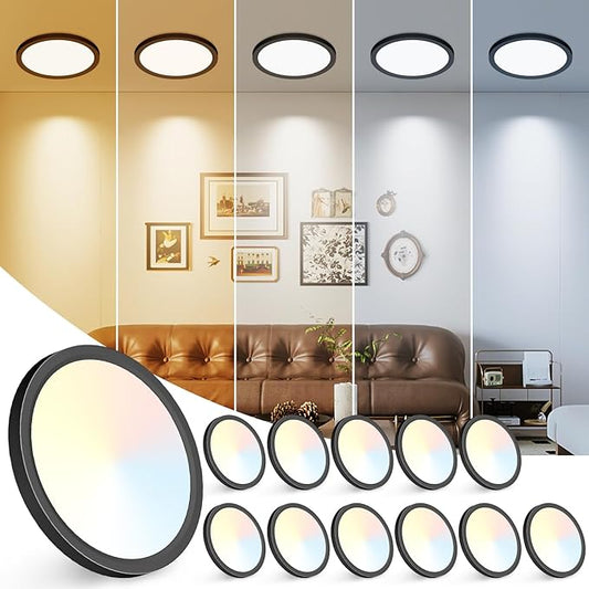 Peasur 7 inch LED Ceiling Light, 3000K/3500K/4000K/5000K/6500K Adjustable Flush Mount Light Fixture, 1500LM 15W Thin Black Round Lamp for Hallway Kitchen Bathroom Bedroom, 12Pack