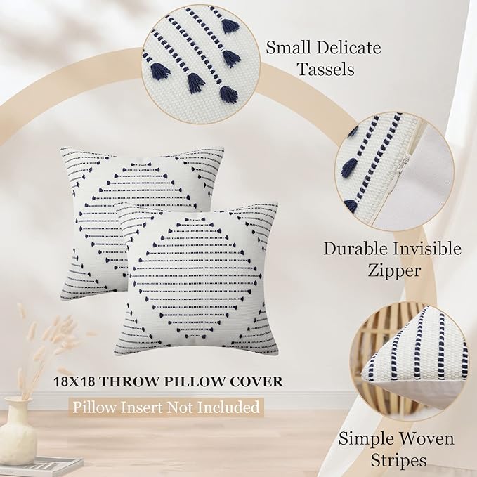 Mecatny Boho Outdoor Throw Pillow Covers 18X18 Set of 2, Farmhouse Decorative Pillow Covers for Couch Sofa Living Room, Navy & Cream White