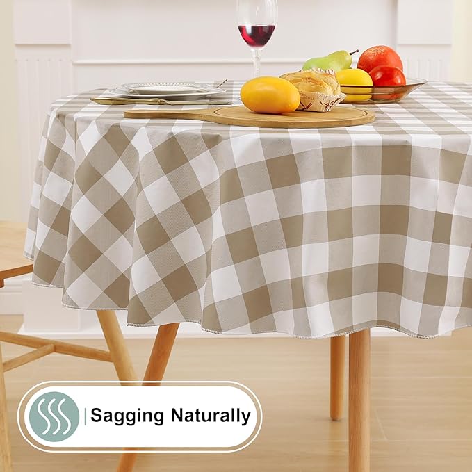 misaya Round Waterproof Vinyl Table Cloth, Buffalo Flannel Backed Tablecloth, Wipeable Plastic Table Cover for Fall, Thanksgiving (60", Khaki and White)