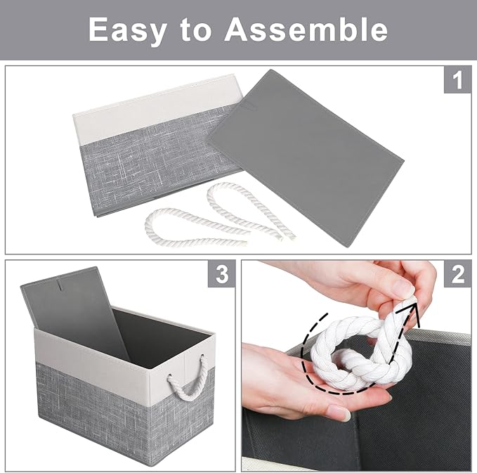 Fab Totes Foldable Storage Baskets - 6-Pack, Organize Toys, Books, Shelves, Closet - Large Storage Box with Rope Handles, Sturdy White & Grey Bins