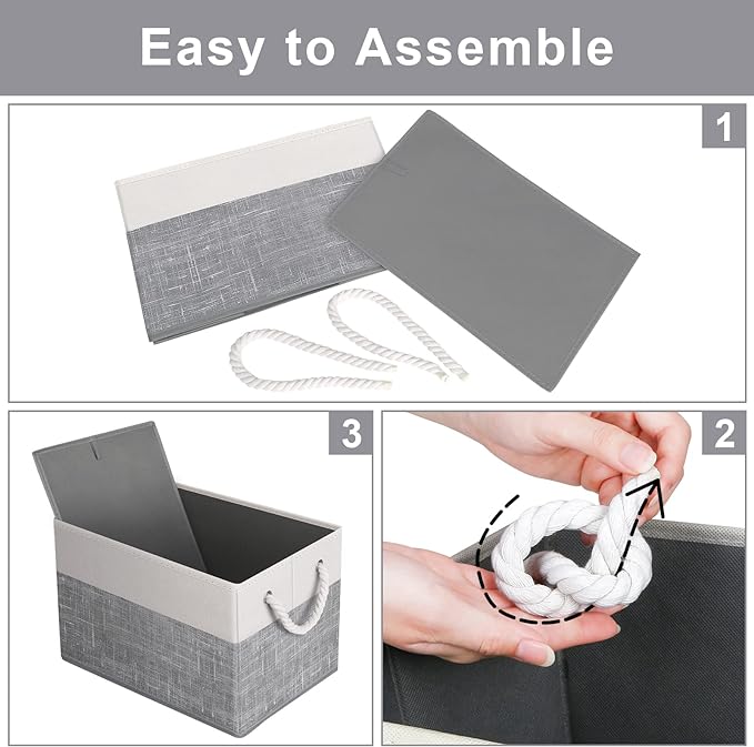 Fab totes Storage Bins [4-Pack], Foldable Storage Baskets for Organizing Toys, Books, Shelves, Closet, Large Storage Box with Rope Handles, Sturdy Organizer Bins, White & Grey