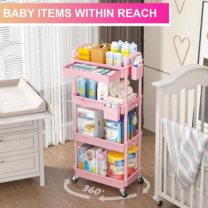 Goovilla 4 Tier Rolling Utility Cart Organizer with Removable Drawer, Stable and Sturdy Pink Rolling Storage Carts with 2 Lockable Wheels for Bathroom, Kitchen, Snack, Craft, Makeup, Baby Essentials