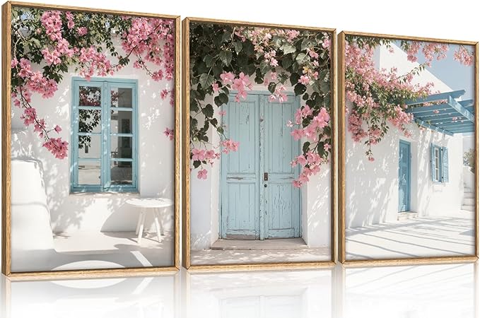 HOURIA Greek Island Street Framed Canvas Wall Art Set,Santorini Blue Doors Shutters Wall Decor,Coastal White House Pink Flower Artwork,European Cityscape Art Prints for Living Room, Bedroom-16 x24 x3