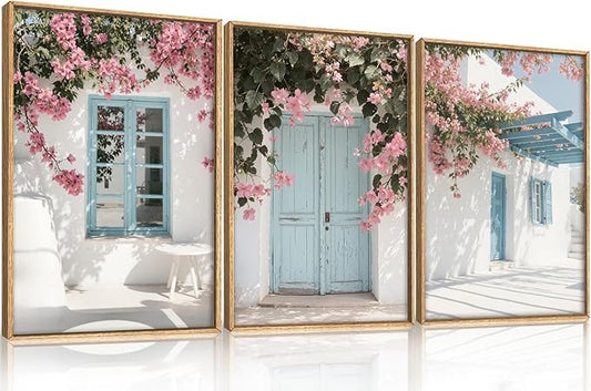 HOURIA Greek Island Street Framed Canvas Wall Art Set,Santorini Blue Doors Shutters Wall Decor,Coastal White House Pink Flower Artwork,European Cityscape Art Prints for Living Room, Bedroom-16 x24 x3