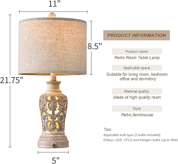 OYEARS 21.75’’Touch Control 3-Way Dimmable Table Lamp Set of 2, Retro Farmhouse Lamp with USB A+C Port, Vintage Nightlight Lamp for Living Room Bedroom Office, (Including 2 Bulbs)