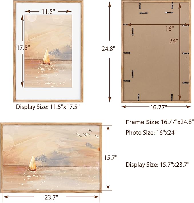 16x24 Wood Picture Frame, Real Oak Wood 16 x24 Frame for Wall, 16x24 Inch Poster Frame, 16x24 Picture Frame Matted to 12x18, 16 by 24 Wooden Frame, Natural Oak Color, 1 Pack