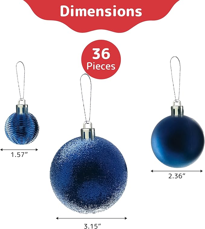 PREXTEX Shatterproof Christmas Ball Ornaments - 36pcs Blue Decorations with Hanging Loop in 6 Styles and 3 Sizes - Midnight Blue