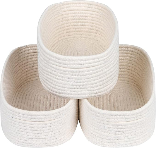 CubesLand Off White Small Storage Baskets for Shelves, Closet Organization Storage Bins Empty Gift Basket Baby Nursery Woven Baskets for Organizing, Rectangular Clothes Closet Shelves Baskets 3 Packs