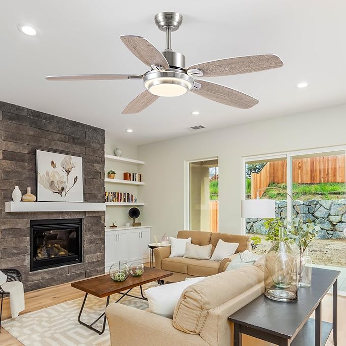 Ceiling Fans with Lights Remote/APP Control, 50" RGB Low Profile Ceiling Fan with Dimmable LED Colorful Light,Flush Mount,6 Speeds 5 Reversible Blades for Bedroom,Living Room, Nickel