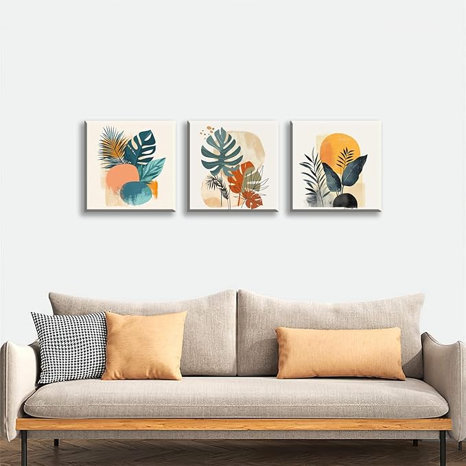 NAN Wind 3 Panels Modern Abstract Tropical Canvas Wall Art Colorful Leaf Prints Contemporary Botanical Art for Living Room Minimalist Plant Decor Geometric Palm & Monstera Leaf Paintings Home Decor