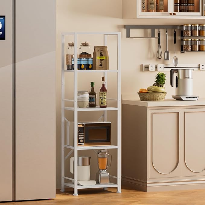 Furologee White Bookshelf 5 Tier Bookcase, Tall Narrow Bookshelves, Modern Freestanding Shelf Units, Metal and Wood Display Storage Corner Shelves Organizer for Bedroom, Living Room, Office, Bathroom