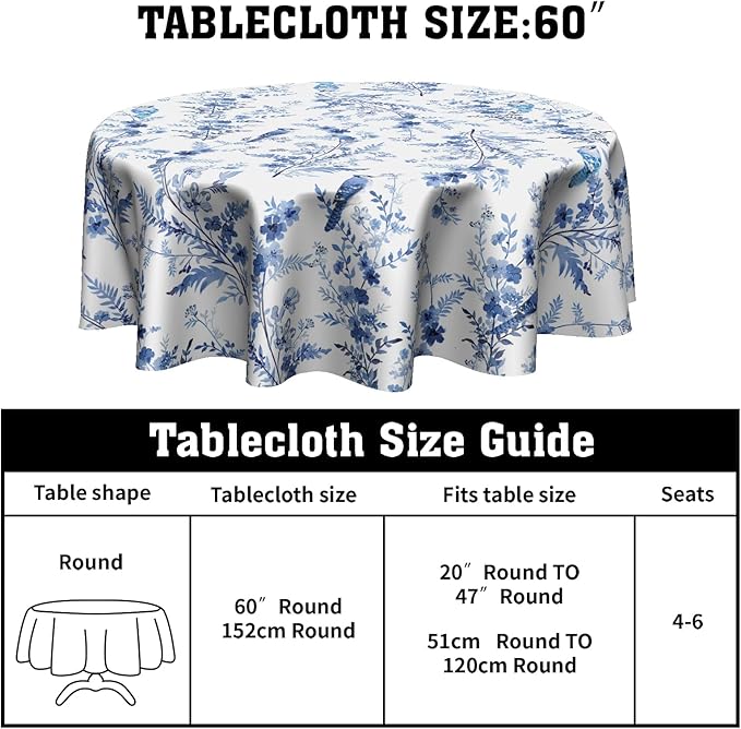 Blue Floral Round Tablecloth 60 Inch Chinoiserie Flowers Table Cloth Round Vintage Farmhouse Tablecloth Spring Blue White Floral Washable Round Table Cover for Home Picnic Dinner Table Decoration