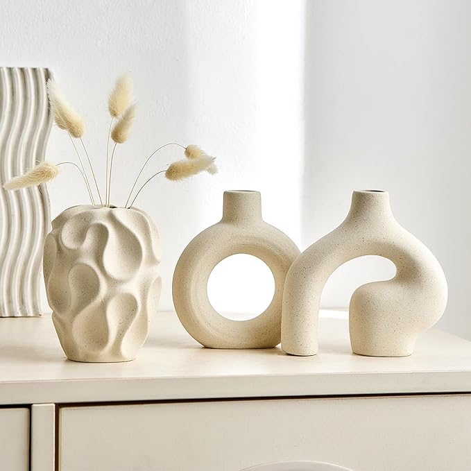 White Ceramic Vase Set of 3, Small Vases for Home Decor, Modern Boho Vase for Pampas Grass, Decorative Round White Vases Centerpieces for Coffee Table Living Room Shelf