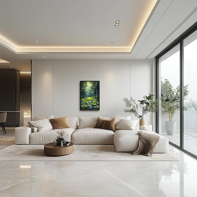 Green Forest Wall Art for Living Room, Large Tree Vertical Canvas Wall Decor, Daisy Flowers Pictures Framed Painting, Landscape Artwork for Bedroom Office Home Decor 36L'' × 24W''