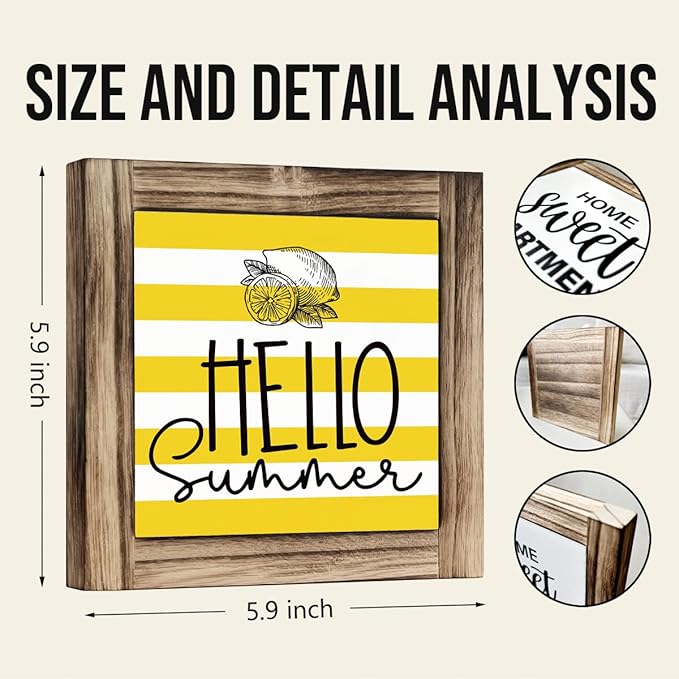 Summer Decoration, Rustic Tabletop Decor Signs, Wood Box Sign Desk Decor, Summers Seasonal Decoration Signs for the Home, Vintage Cafe Shop Decors, Hello Summer Sign 5.9×5.9inches
