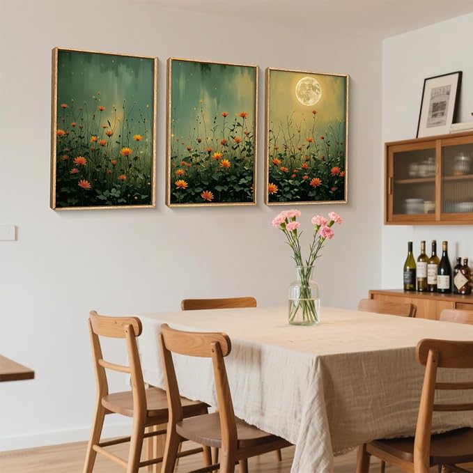 HOURIA Mystical Midnight Wildflower Framed Canvas Wall Art Set,Moonlit Orange Floral Wall Decor,Nature Inspired Landscape Artwork,Watercolor Art Prints for Living Room,Bedroom,Farmhouse-16 x24 x3