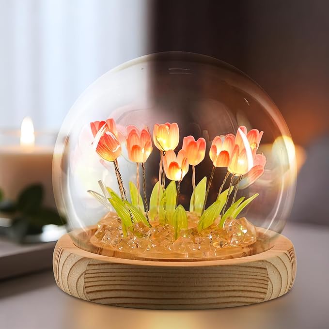 ONXE Birthday Flower Gifts for Mom,Tulips Night Light Small Glass Flower Lamp with Wooden Base for Home Decor Romantic Unique Christmas Gift for Women Girlfriend Sister Grandma Wife Her