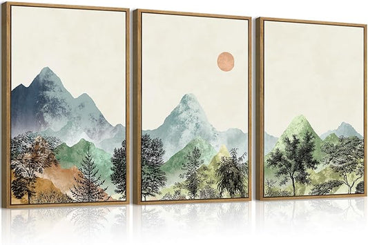 ANHUIB Mountain Wall Art 16x24 Inch Watercolor Landscape Wall Decor Sun Forest Painting Minimalist Pine Tree Artprint Nature Illustration Set of 3 for Living Room Dining Room Office
