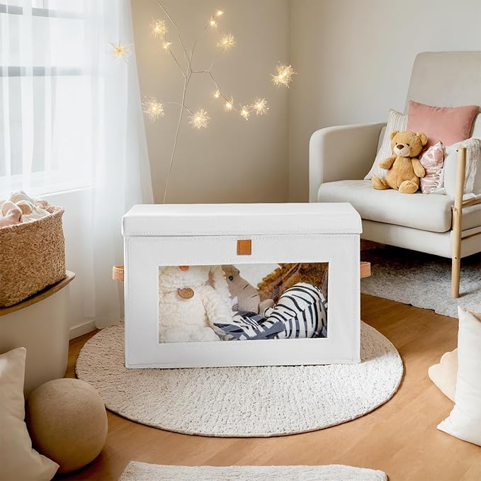Large Clothing Storage Bins - Collapsible Boxes with Handles & Window, Decorative Organizer Bins with Lids, Fabric Containers for Living Room, Dorm, 2 Pack, White