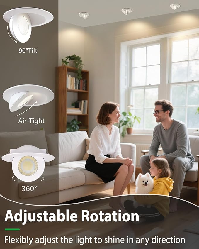 zouzai Second Generation 5CCT LED Gimbal Led Recessed Light with Junction Box, 360°+90° Adjustable Directional Eyeball Lighting, Dimmable, 2700K-5000K,ETL&Energy Star (White 12 Pack, 4 inch)