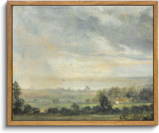 KBKBART Framed Framed Vintage Landscape Wall Art Prints, Retro Green Forest Valley Nature Wilderness Illustrations Canvas Painting, Farmhouse Decor Wall Art Ready To Hang for Bedroom, Living Room,