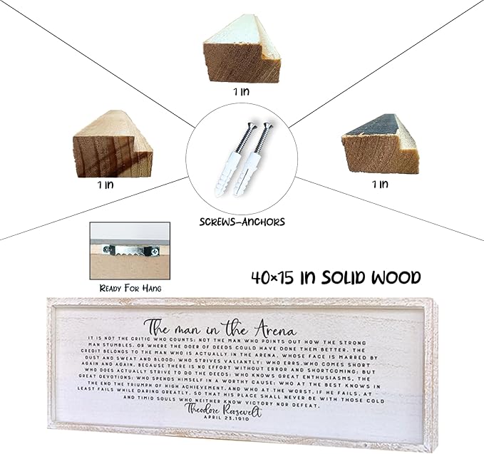 Surfapans The Man In The Arena Wall Decor 40"x15" Morden Office Motivational Wood Framed Sign For Men Large Farmhouse Living Room Inspirational Quotes Positive Speech Home Wall Decoration (White)