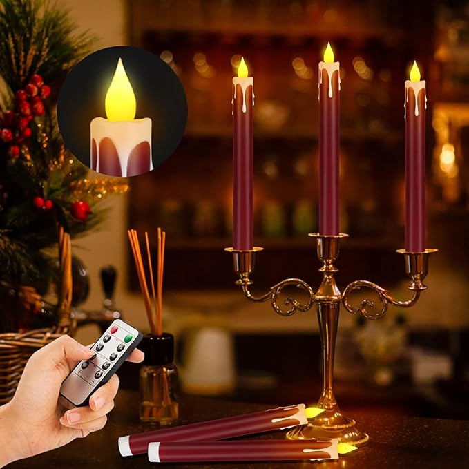 Flameless Taper Candles 10.6" Dripless Battery Operated Taper Candles Included Remote Timer 400+ Hours by 2AA Batteries for Halloween Christmas Wedding (Burgundy+White, 24 Pack)