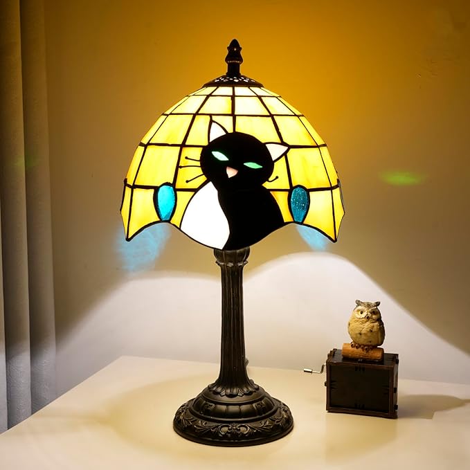 Small Tiffany Lamp Stained Glass Table Lamp Elegant Cute Retro Vintage Style White Black Cat Bedside Night Lamp for Nightstand Bedroom Home Decor Kitchen Counter Antique Living Room Office Fun Lamps