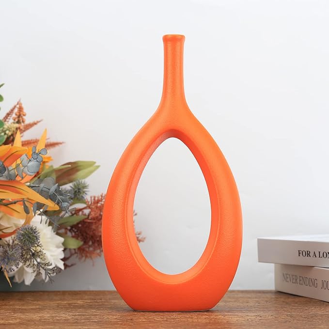 Orange Ceramic Hollow Elliptical Vase Set of 2 - Boho Circle Vase with Hole, for Modern Orange Table Decor, Living Room Decor Shelf mid Century Modern Home Entrance Decorative vase